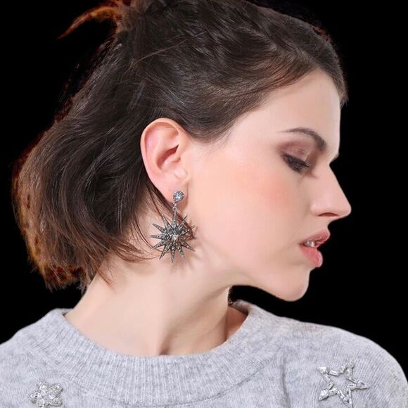 Star Crescent Moon Mismatched Silver Tone Smoky Crystal Dangle Earrings NWT - Picture 4 of 12